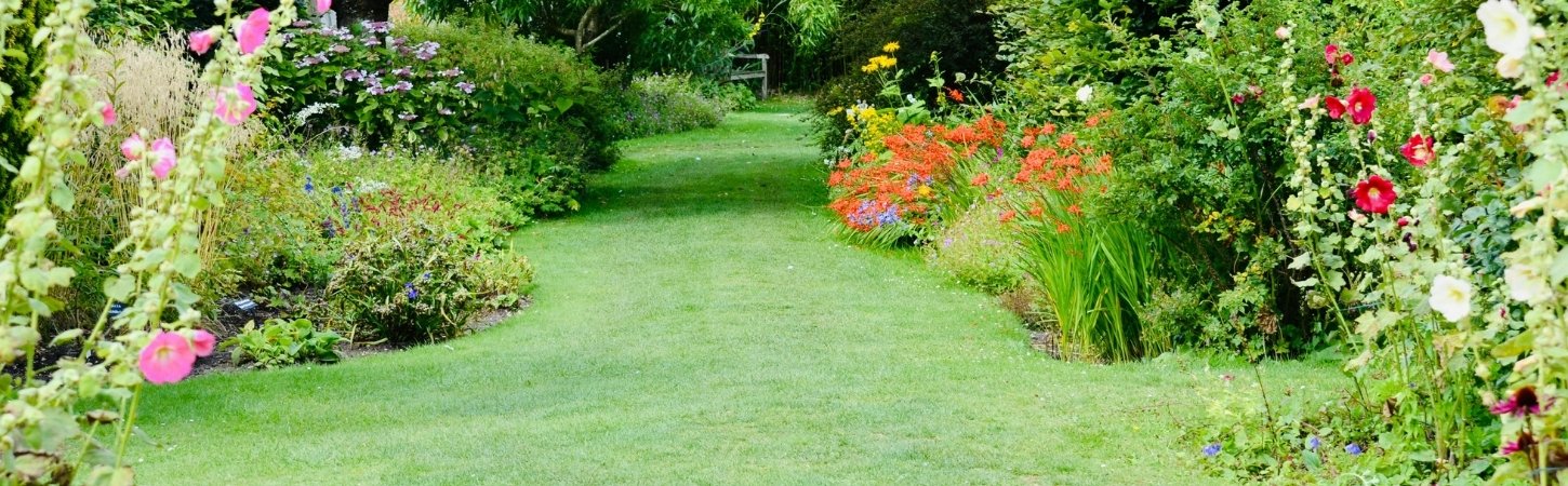 Lush garden landscape with manicured lawn bordered by flowering plants in vibrant colors including pink, red, orange, and white blooms